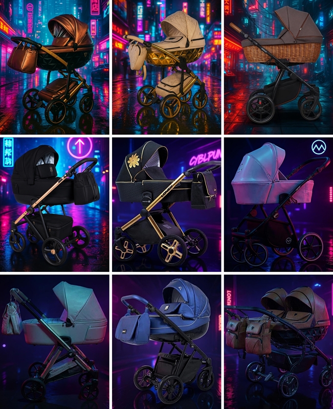 Kolaż wózków – dziewięć różnych modeli wózków głębokich i modułowych na neonowym, miejskim tle, prezentujących nowoczesny design.